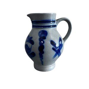 Vintage M Schilz Glazed Stoneware Mini Pitcher Gray Blue Decor Cottagecore Vase